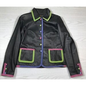 Vintage Metrostyle Black Leather Jacket Pink/Green Trim Size 12 Lined Y2K Grunge